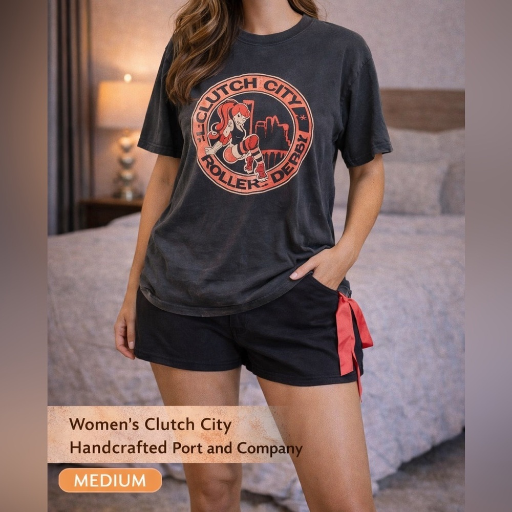 Clutch city handcrafted Port and Company Black Graphic Tee with ribbon MEDIUM